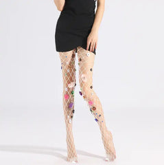 Women's Fishnet Stockings with Flowers: Pantyhose Big Mesh Fish Net Tights