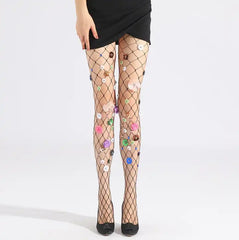 Women's Fishnet Stockings with Flowers: Pantyhose Big Mesh Fish Net Tights