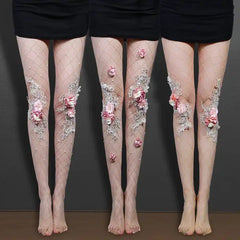 Women's Fishnet Stockings: Flowers & Pearl Embroidered Pantyhose