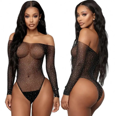 Rhinestone Sheer Bodysuit: Long Sleeve Fishnet Lingerie