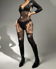 Sexy Jumpsuit for Women: Rhinestone Fishnet Stocking