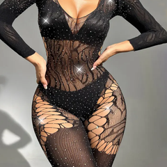 Sexy Jumpsuit for Women: Rhinestone Fishnet Stocking