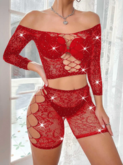 Ladies' Lace Shiny Lingerie: Long Sleeve Top & Shorts