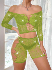 Ladies' Lace Shiny Lingerie: Long Sleeve Top & Shorts