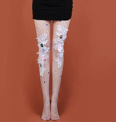 Women Luxury White Fishnet Stockings: Flower Embroidered Pantyhose Tights