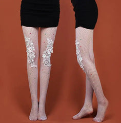 Women Luxury White Fishnet Stockings: Flower Embroidered Pantyhose Tights