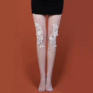 Women Luxury White Fishnet Stockings: Flower Embroidered Pantyhose Tights